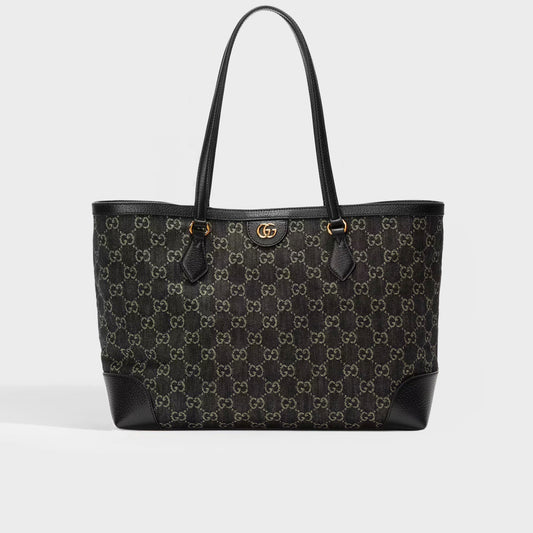 Ophidia GG Medium Tote in Black and Ivory Denim