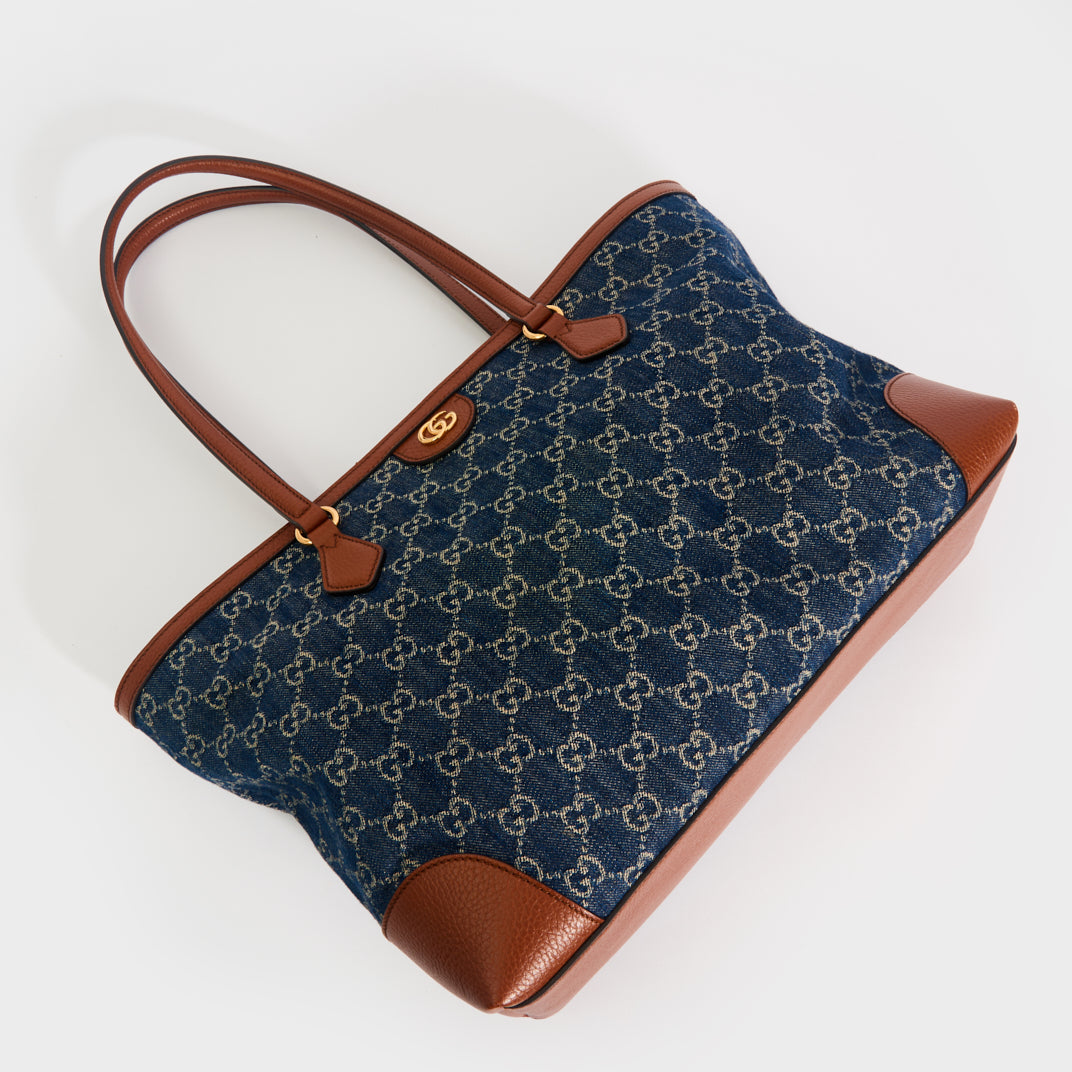 GUCCI Ophidia GG Medium Tote in Blue and Ivory Denim