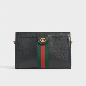Front view of the GUCCI Ophidia GG Small Shoulder Bag in Black Leather with green and red canvas stripe and gold GG Gucci hardware