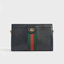 Load image into Gallery viewer, Front view of the GUCCI Ophidia GG Small Shoulder Bag in Black Leather with green and red canvas stripe and gold GG Gucci hardware