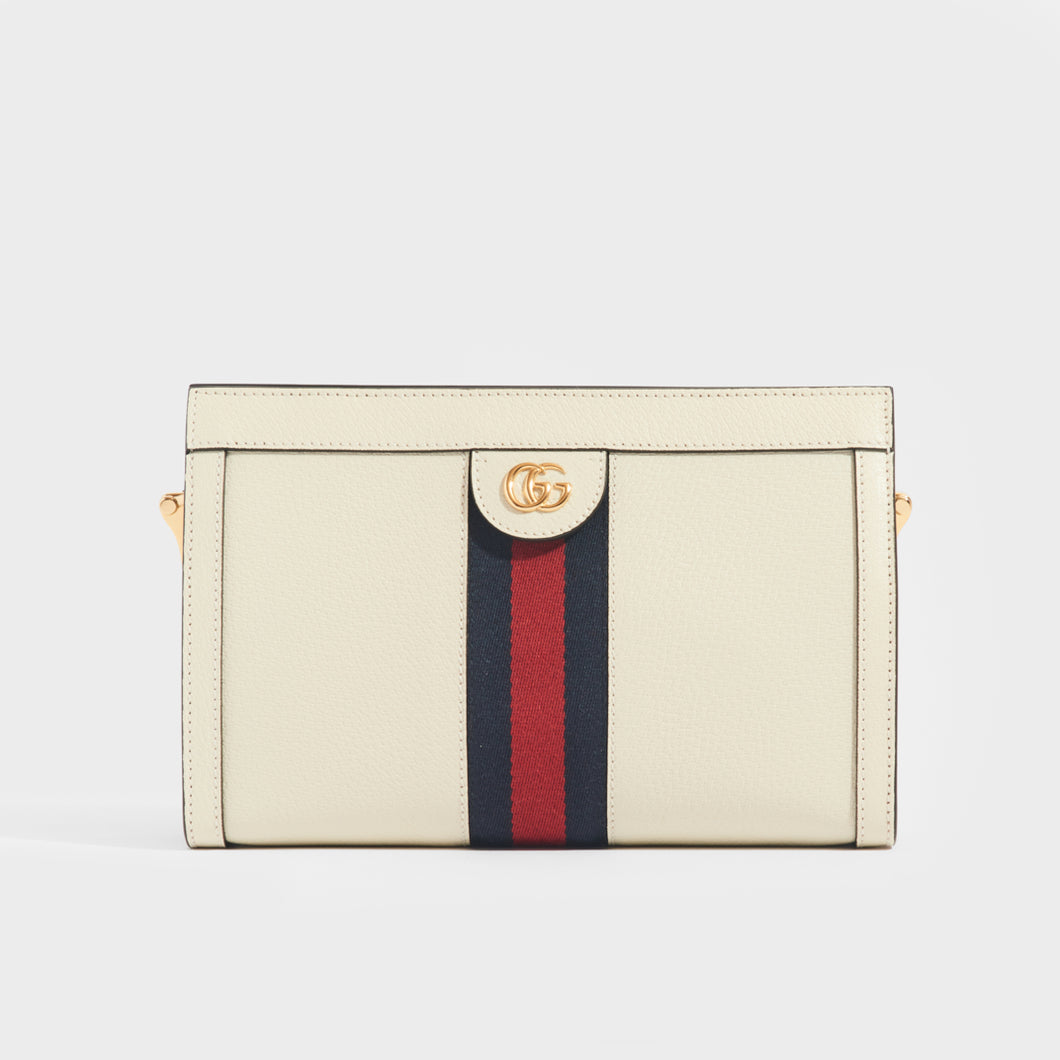 GUCCI Ophidia GG Small Shoulder Bag in White Leather with gold metal GG logo hardware and red and navy canvas stripe
