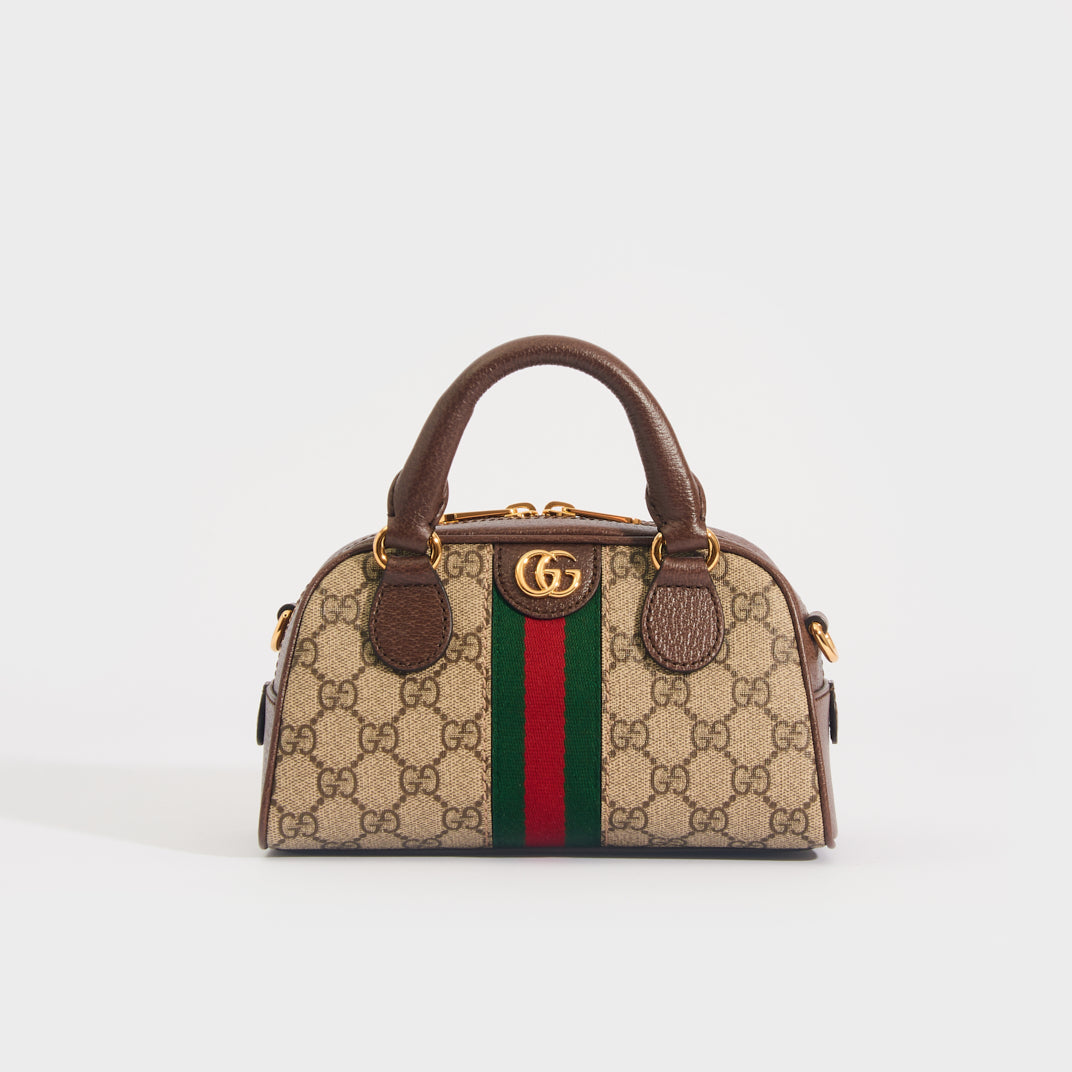 Ophidia Mini GG Top Handle Bag in Beige and Ebony GG Supreme Canvas