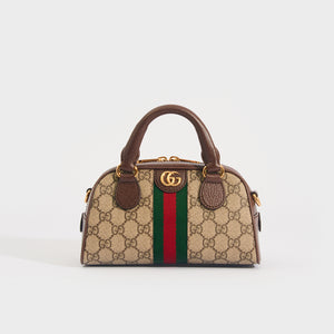 GUCCI Ophidia Mini GG Top Handle Bag in Beige and Ebony GG Supreme Canvas