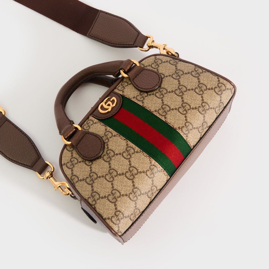 Ophidia Mini GG Top Handle Bag in Beige and Ebony GG Supreme Canvas