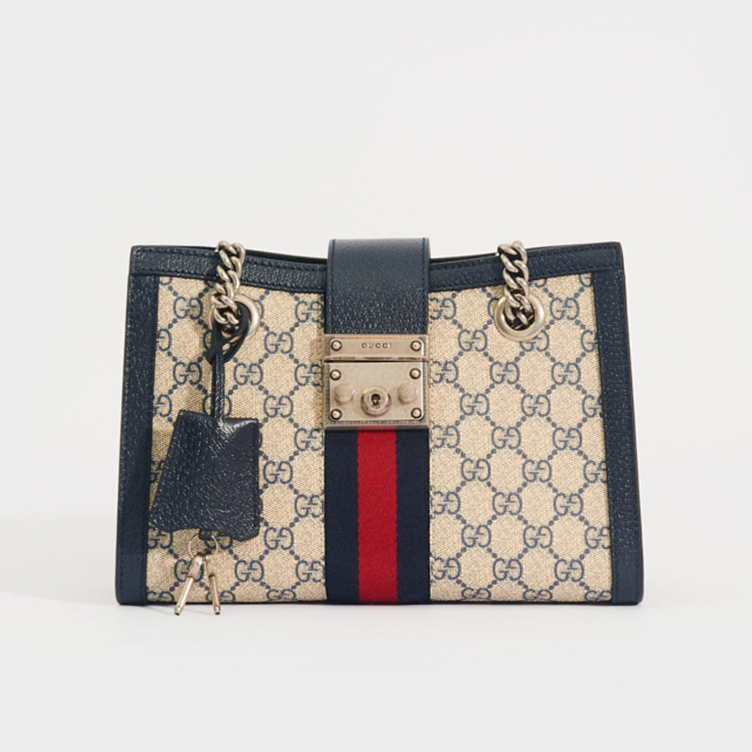 GUCCI Padlock Small GG Shoulder Bag in Beige and Blue GG Supreme Canvas