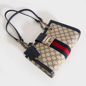 GUCCI Padlock Small GG Shoulder Bag in Beige and Blue GG Supreme Canvas