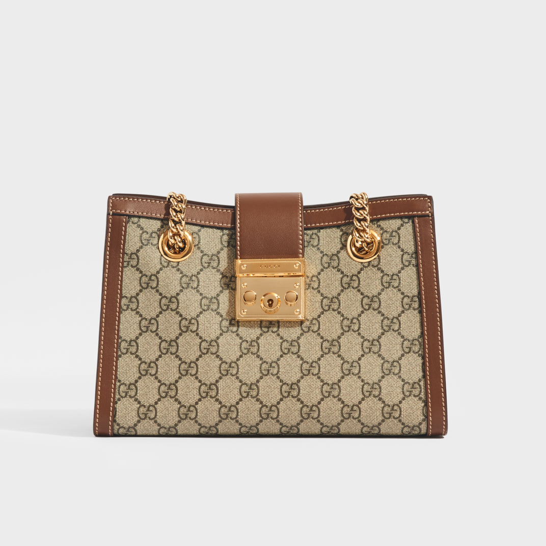 GUCCI Padlock Small GG Shoulder Bag in GG Supreme with Brown Leather