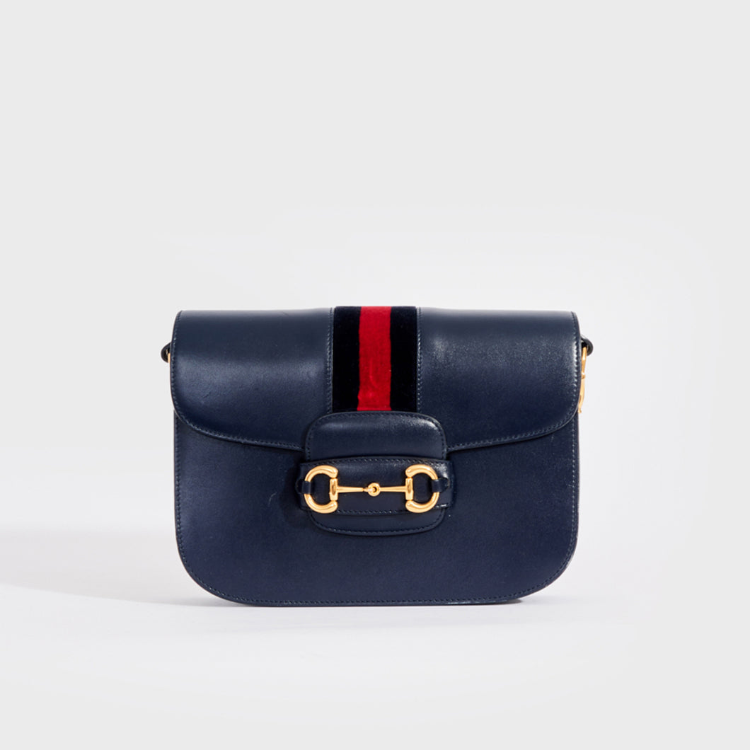 GUCCI 1955 Horsebit Shoulder Bag in Navy Leather with Velvet Trim [ReSale]