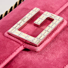 Load image into Gallery viewer, Close-up of the GUCCI Pre-Loved Broadway Square Velvet Crystal Clutch in Pink