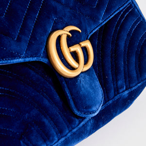 Close up of the GUCCI Pre-Loved GG Marmont Small Velvet Shoulder Bag in Blue