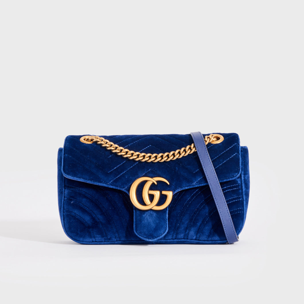 GUCCI Pre-Loved GG Marmont Small Velvet Shoulder Bag in Blue