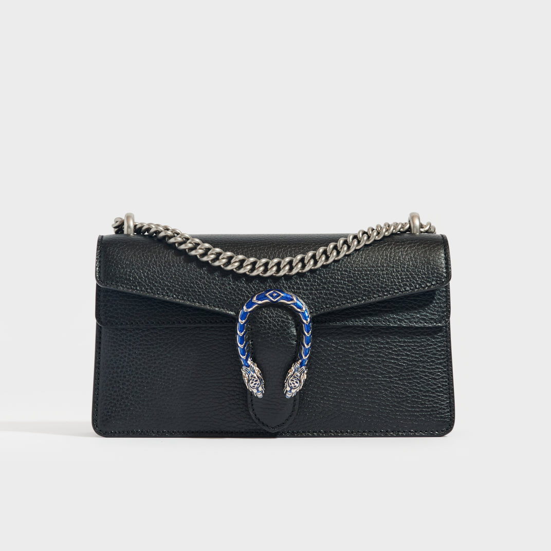 Front view of the GUCCI Small Dionysus Black Leather Bag with Silver Metal Shoulder chain and silver clasp with blue Swarovski crystals