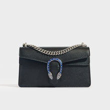 Load image into Gallery viewer, Front view of the GUCCI Small Dionysus Black Leather Bag with Silver Metal Shoulder chain and silver clasp with blue Swarovski crystals