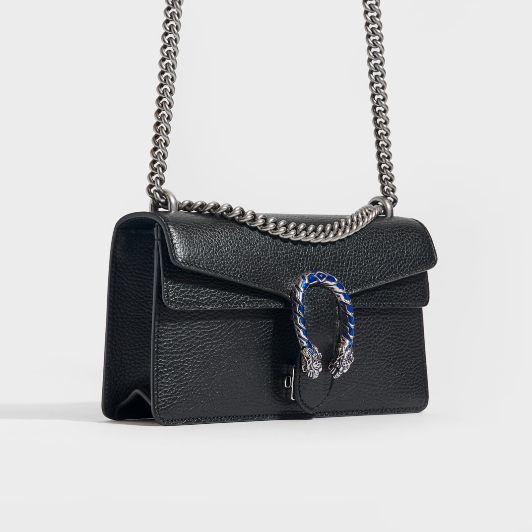 Side view of the GUCCI Small Dionysus Black Leather Bag