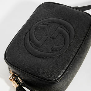Detail of GG Logo on GUCCI Soho Small Leather Disco Bag in Black Leather
