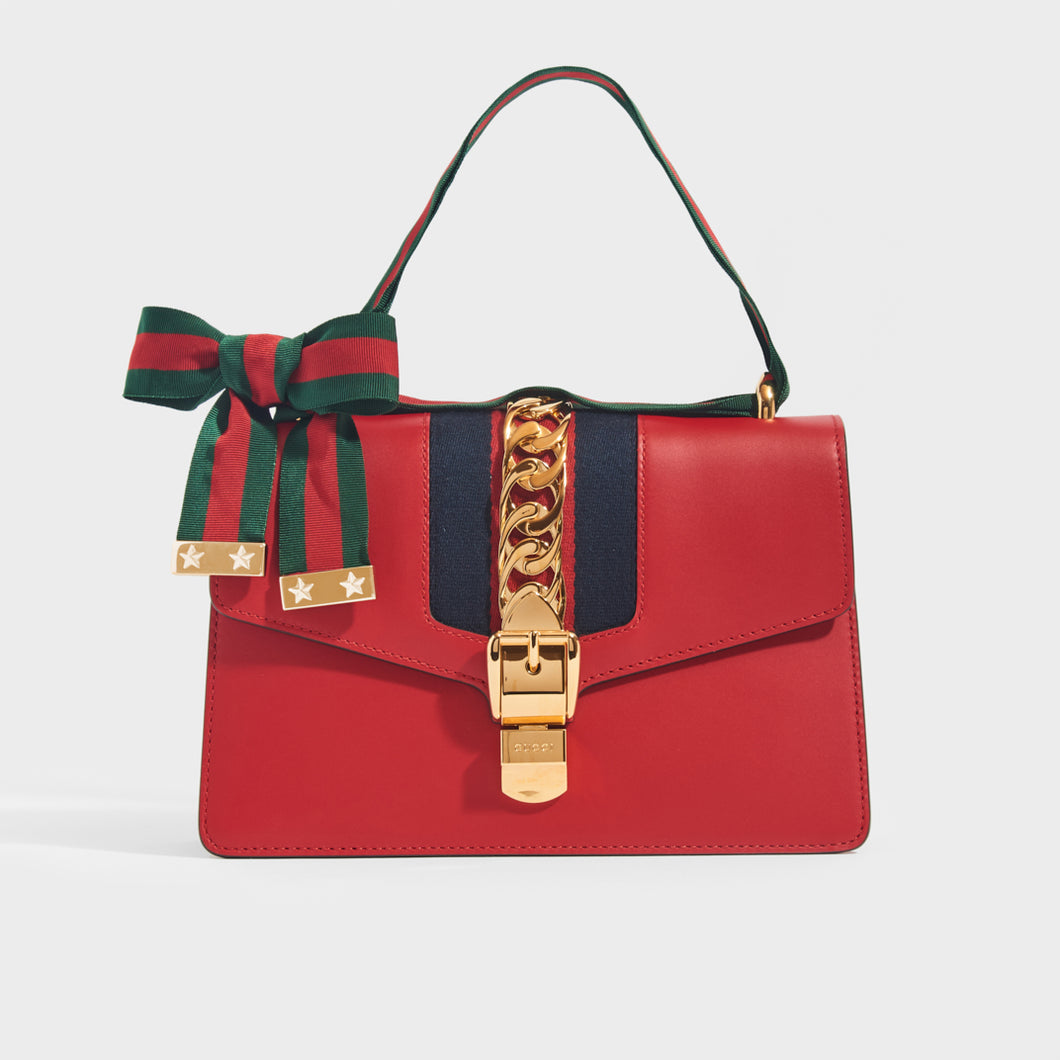 Gucci Red Leather Mini Web Chain Sylvie Top Handle Bag Gucci