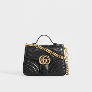 GUCCI GG Marmont Mini Top Handle Bag in Quilted Black Leather