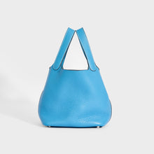 Load image into Gallery viewer, Front view of the HERMÈS Taurillon Clemence Picotin Lock PM 13 Bag in Blue Jean