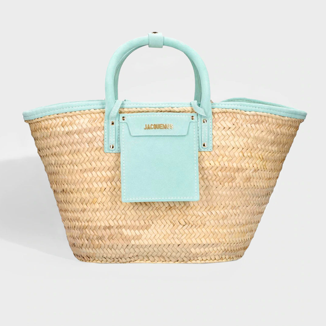 JACQUEMUS Le Panier Soleil Tote Bag with Light Turquoise Leather