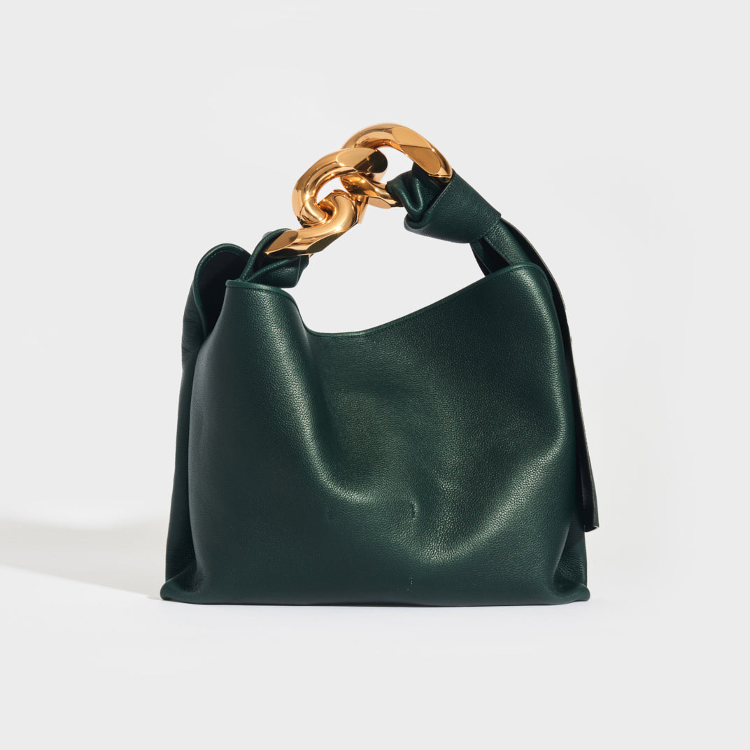 Front view of the JW ANDERSON Small Hobo Chain Tote Bag in Green