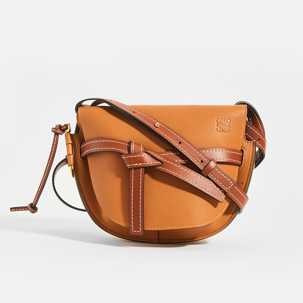 Front view of the LOEWE Gate Small Crossbody in Tan Leather