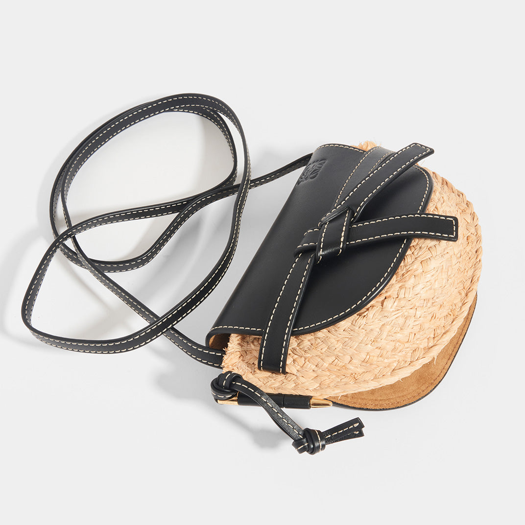 Top of LOEWE Gate Crossbody Mini in Black leather flap and strap with Raffia
