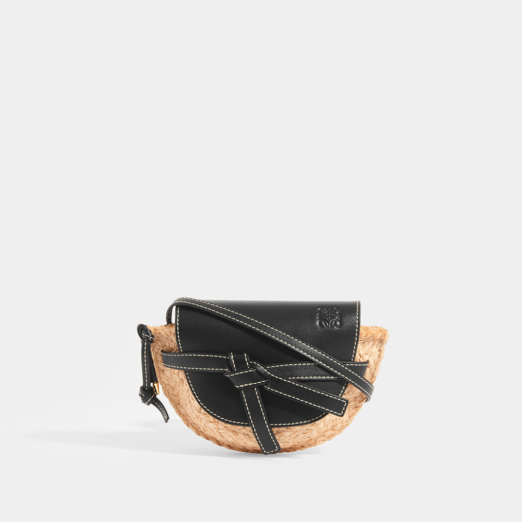 LOEWE Gate Mini in Black leather flap and strap with Raffia