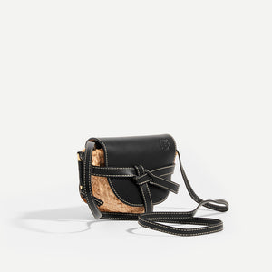 Side view of LOEWE Gate Crossbody Mini in Black leather flap and strap with Raffia