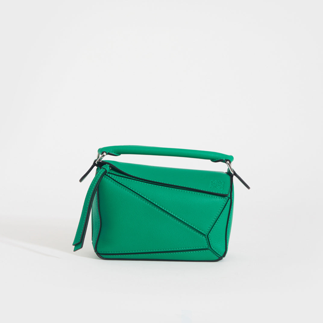 Front view of the LOEWE Puzzle Mini Leather Shoulder Bag in Jungle Green 