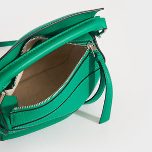 Inside of the LOEWE Puzzle Mini Leather Shoulder Bag in Jungle Green