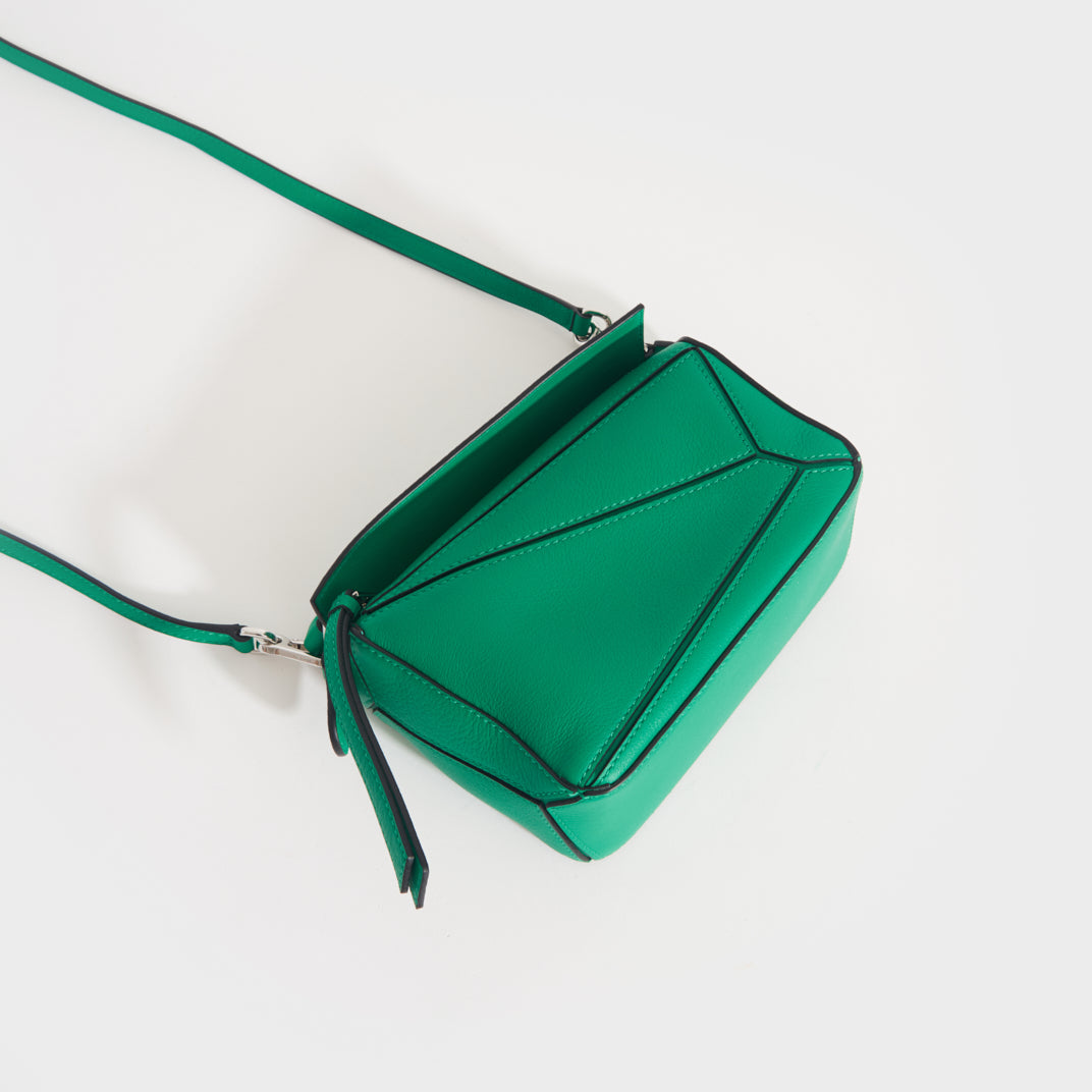 Top view of the LOEWE Puzzle Mini Leather Shoulder Bag in Jungle Green 