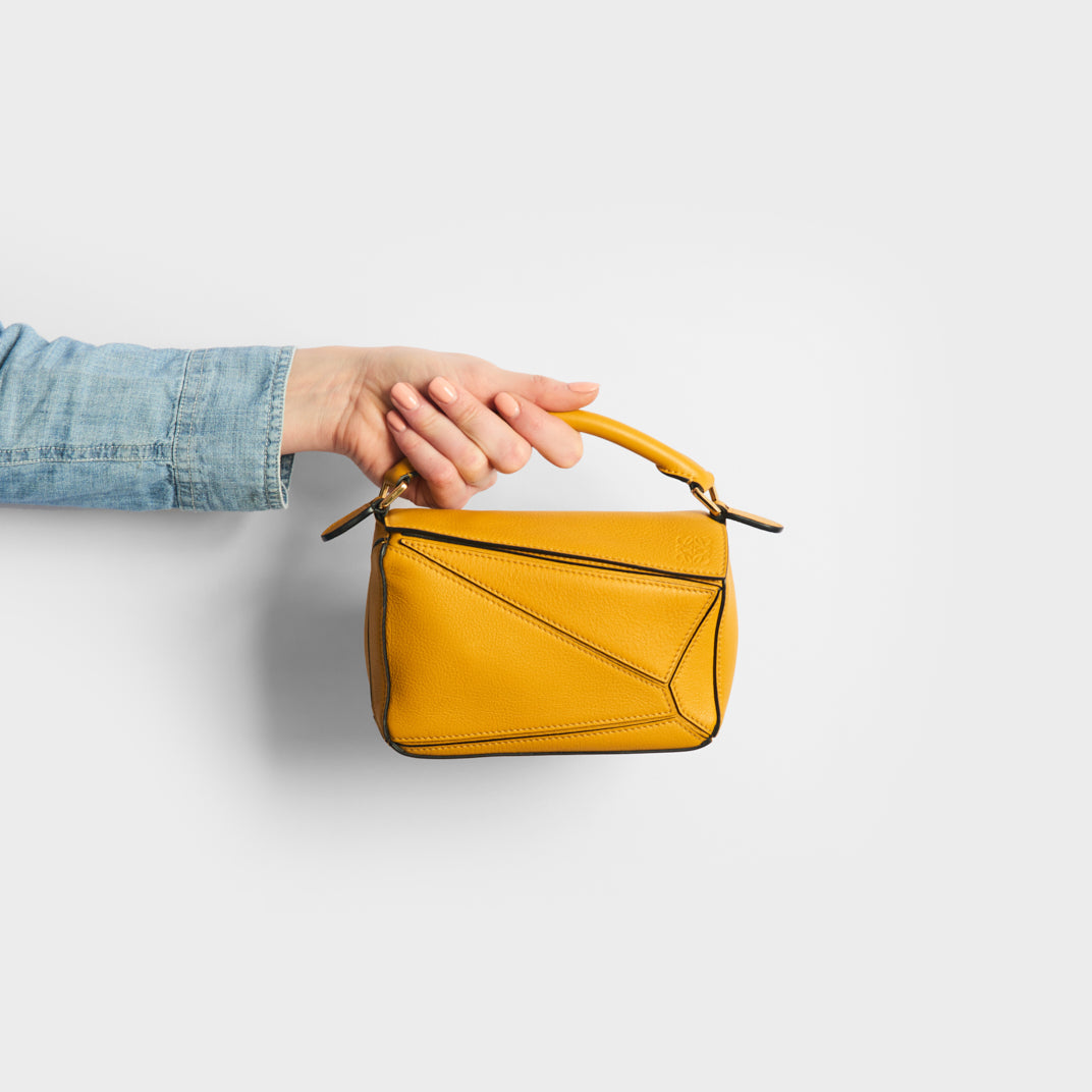 LOEWE Puzzle Mini Leather Shoulder Bag in Mustard | COCOON