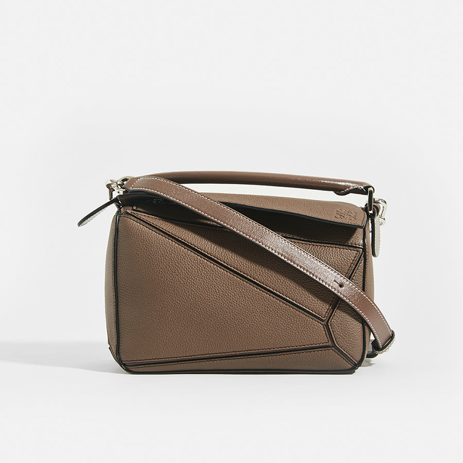 LOEWE Puzzle Small Grained Leather Bag in Dark Taupe With Top Handle and Crossbody Strap