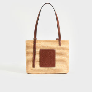 LOEWE Small Leather and Raffia Tote in Natural & Pecan