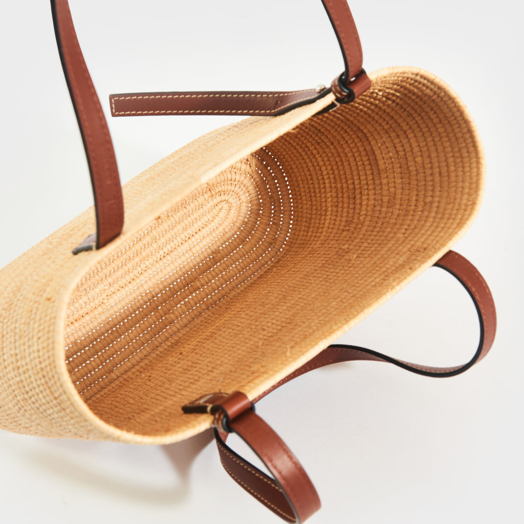 Small Leather and Raffia Tote in Natural & Pecan