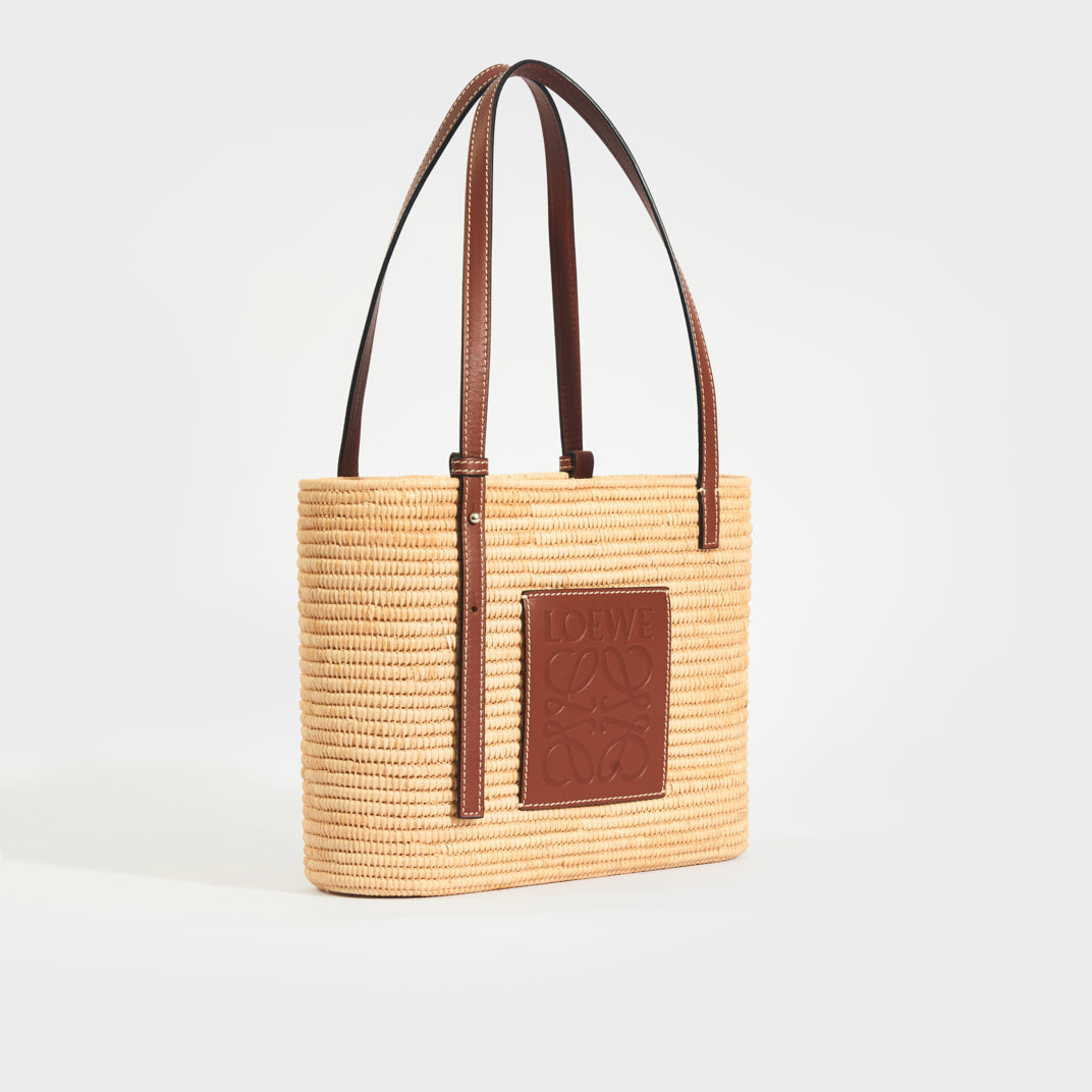 Small Leather and Raffia Tote in Natural & Pecan