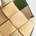 Woven Upcycled-Leather Basket Bag in Beige & Green