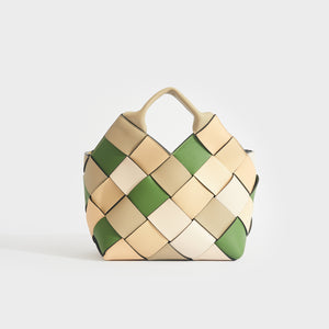 Front view of the LOEWE Woven Upcycled-Leather Basket Bag in Beige & Green