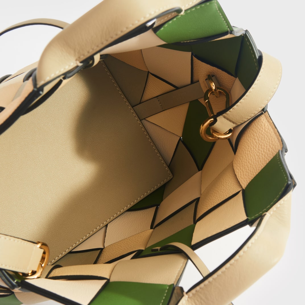 Woven Upcycled-Leather Basket Bag in Beige & Green
