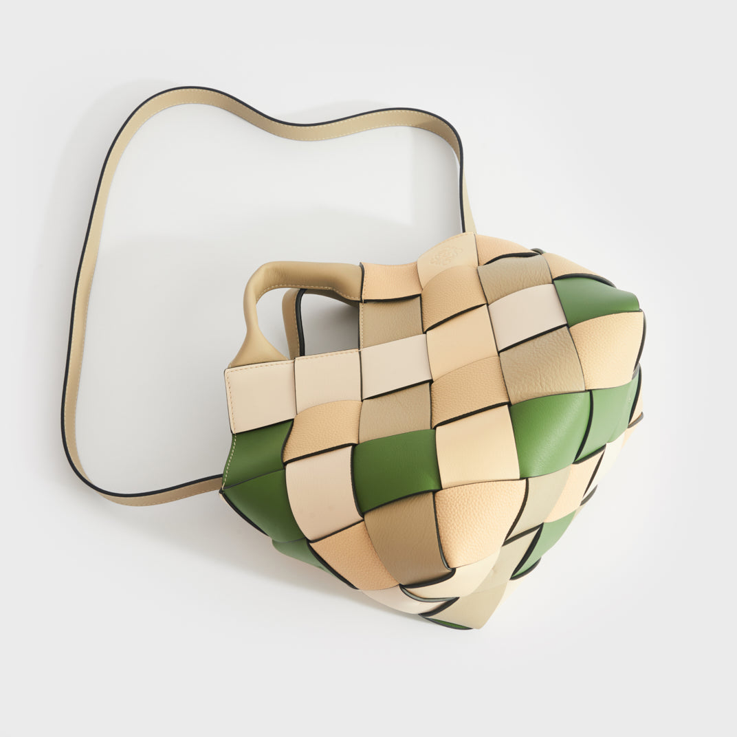 Woven Upcycled-Leather Basket Bag in Beige & Green