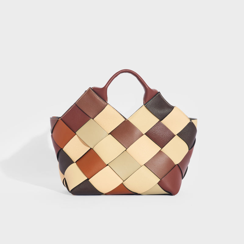 Woven Upcycled-Leather Basket Bag in Brown and Tan
