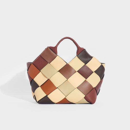 Woven Upcycled-Leather Basket Bag in Brown and Tan