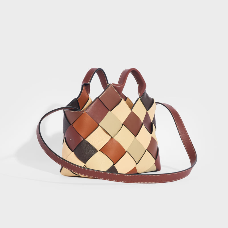 Woven Upcycled-Leather Basket Bag in Brown and Tan