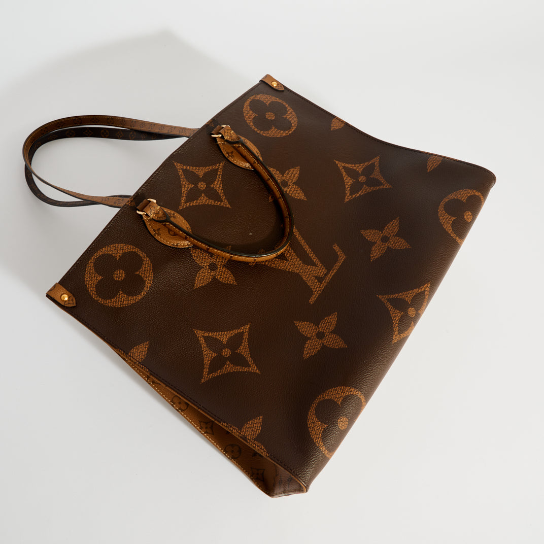 Louis Vuitton OnTheGo GM Reverse Monogram Canvas Tote Shoulder Bag Brown