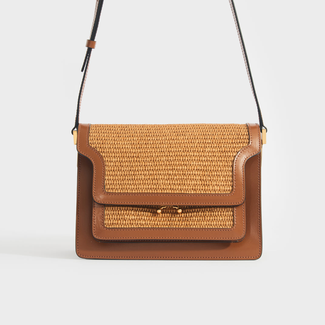 Trunk medium leather-trimmed raffia shoulder bag