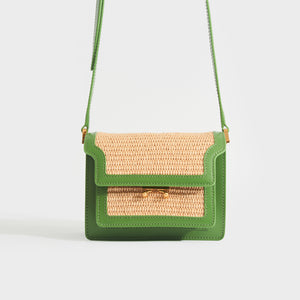 Front view of the MARNI Mini Raffia Trunk Crossbody Bag in Green