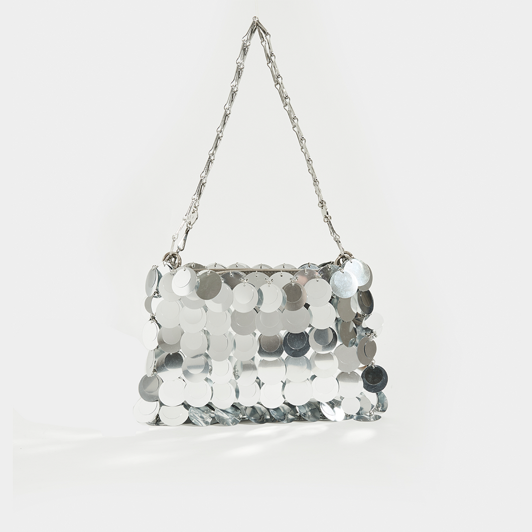 Front view of the PACO RABANNE Sparkle 1969 Sequin Mini Crossbody Bag in Silver