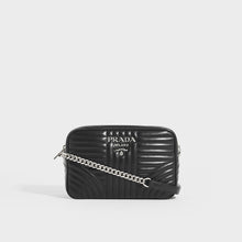 Load image into Gallery viewer, Front view of Prada Diagramme shoulder bag in black leather and silver chain and hardware