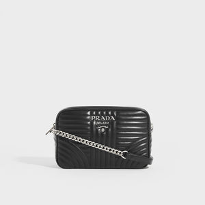 Front view of Prada Diagramme shoulder bag in black leather and silver chain and hardware