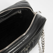 Load image into Gallery viewer, Inside view of Prada Diagramme shoulder bag in black leather and silver chain and hardware